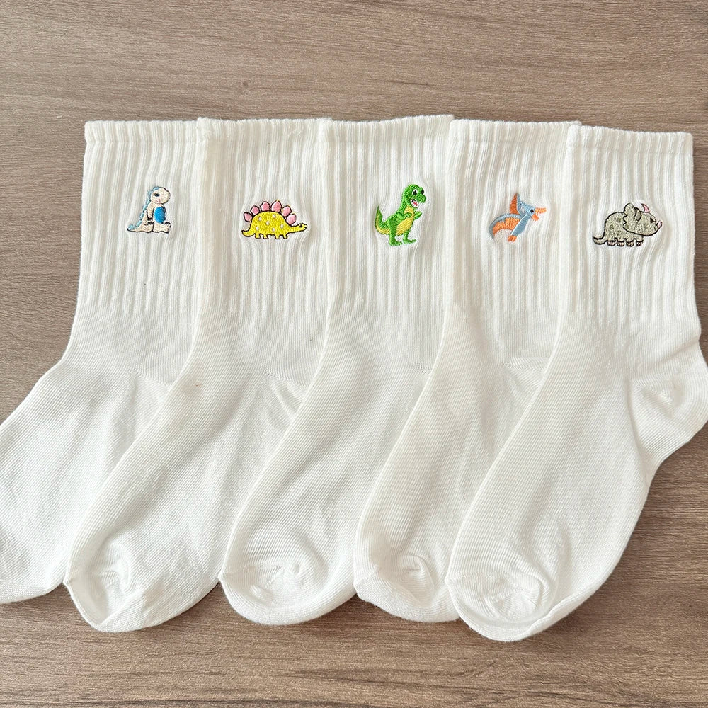 Embroidered Dinosaur Ankle Socks – Cute Cartoon Cotton Socks for Women