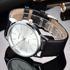 Minimalist Silver Quartz Watch – Elegant Leather Business Accessory for Women