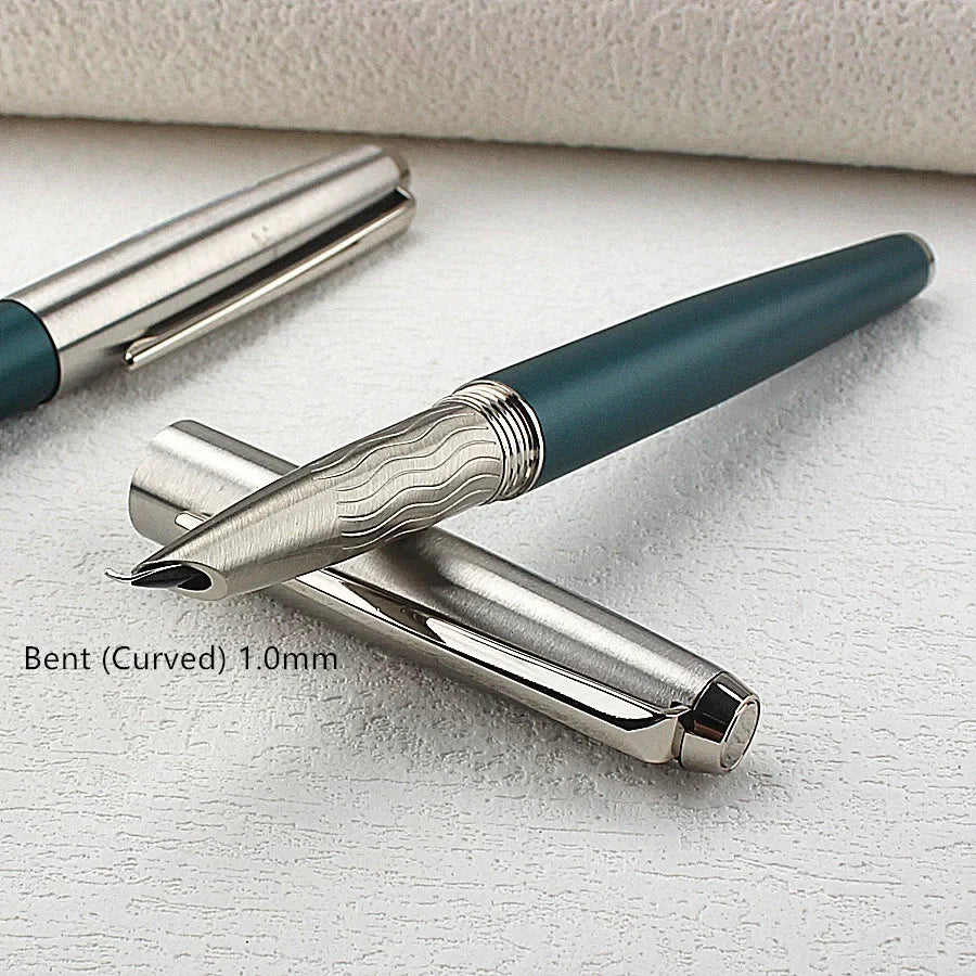 Calligraphy Fountain Pen – Bent Nib Silver Green for Painting and Office
