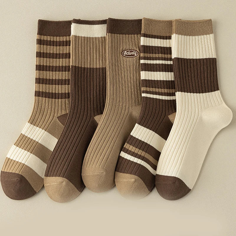 Maillard Color Crew Socks – Vintage Autumn Winter Athletic Hosiery for Women