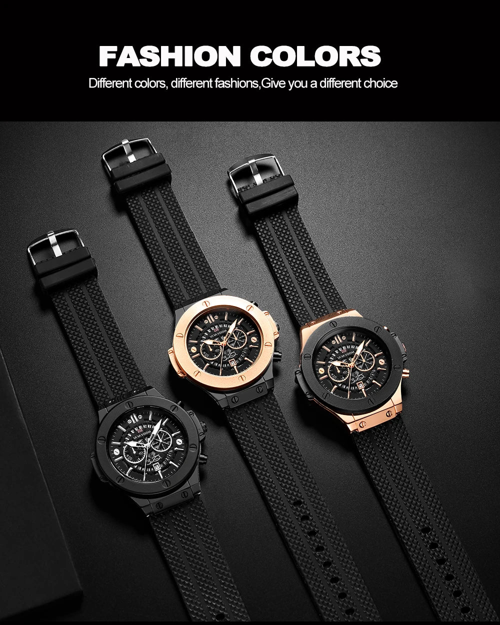 Mens Rose Gold Silicone Sports Watch – 46mm Hollow Dial for Daily Fashion