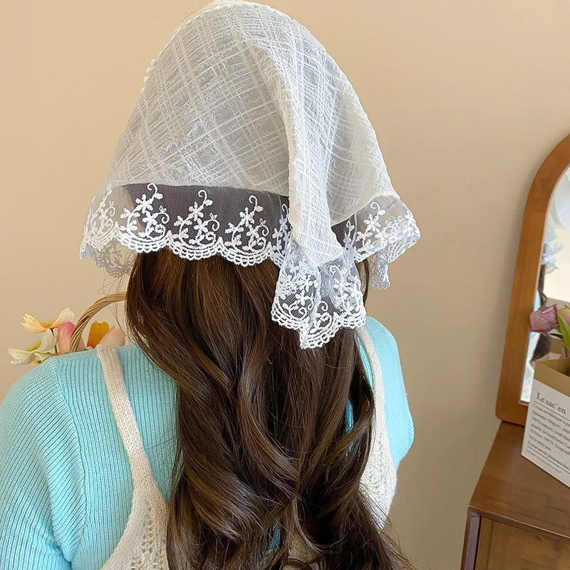 Knitted Lace Flower Hair Scarf – Boho Triangle Headband for Women Hair Styling