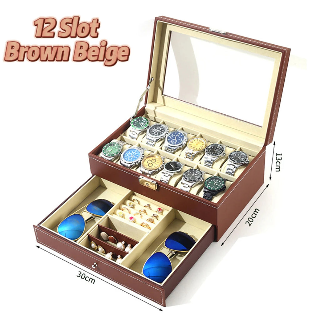 12 Slot Leather Watch Box – Lockable 2-Tier Jewelry Organizer for Display
