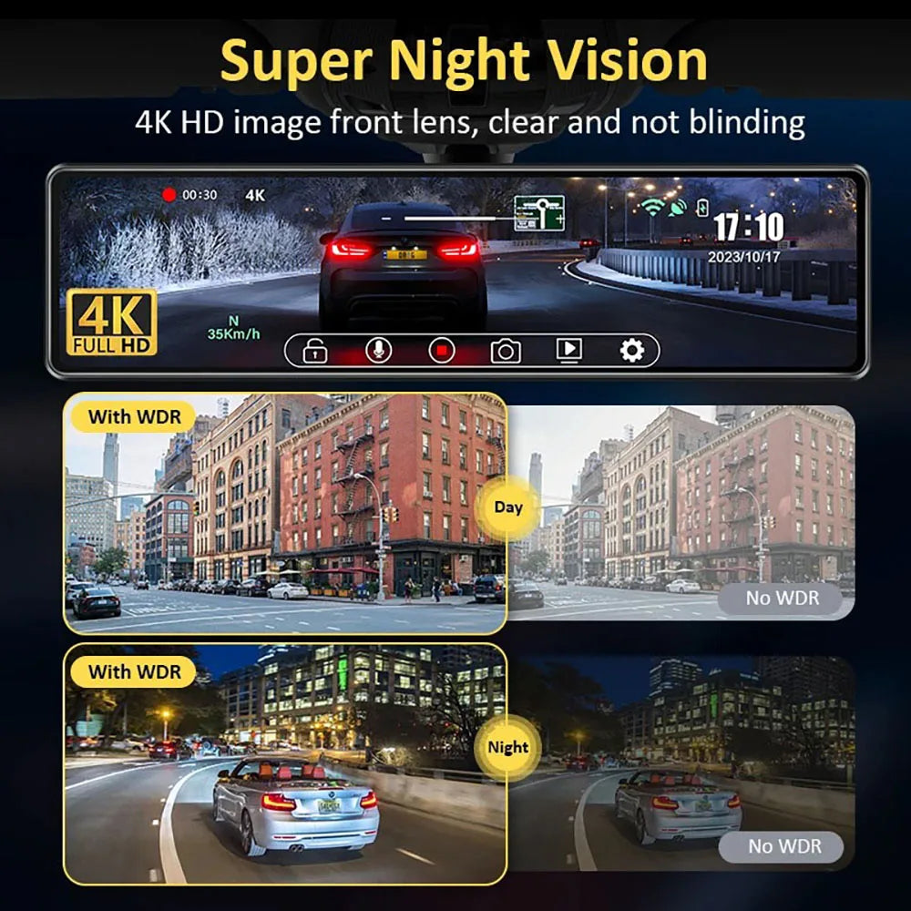 12-Inch 4K Mirror Dash Cam – Wireless CarPlay Android Auto for Car Navigation