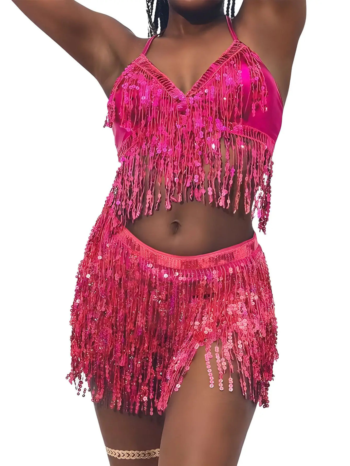 Woman wearing a pink fringe sequin crop top and skirt dance set
