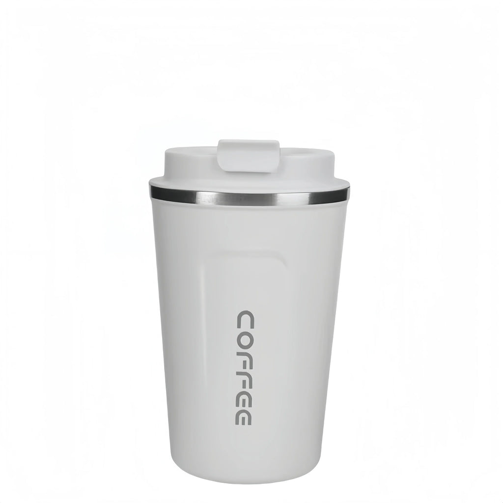 White insulated coffee travel mug with a lid and stainless steel accent