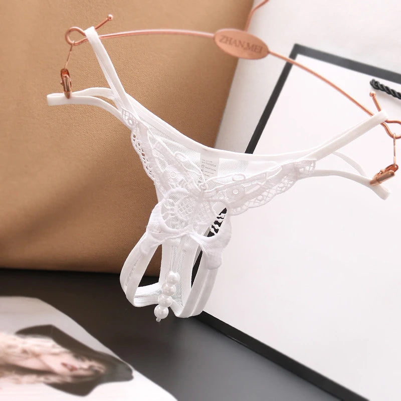 Lace Pearl G-String – Open Crotch Beaded Thong for Sexy Lingerie