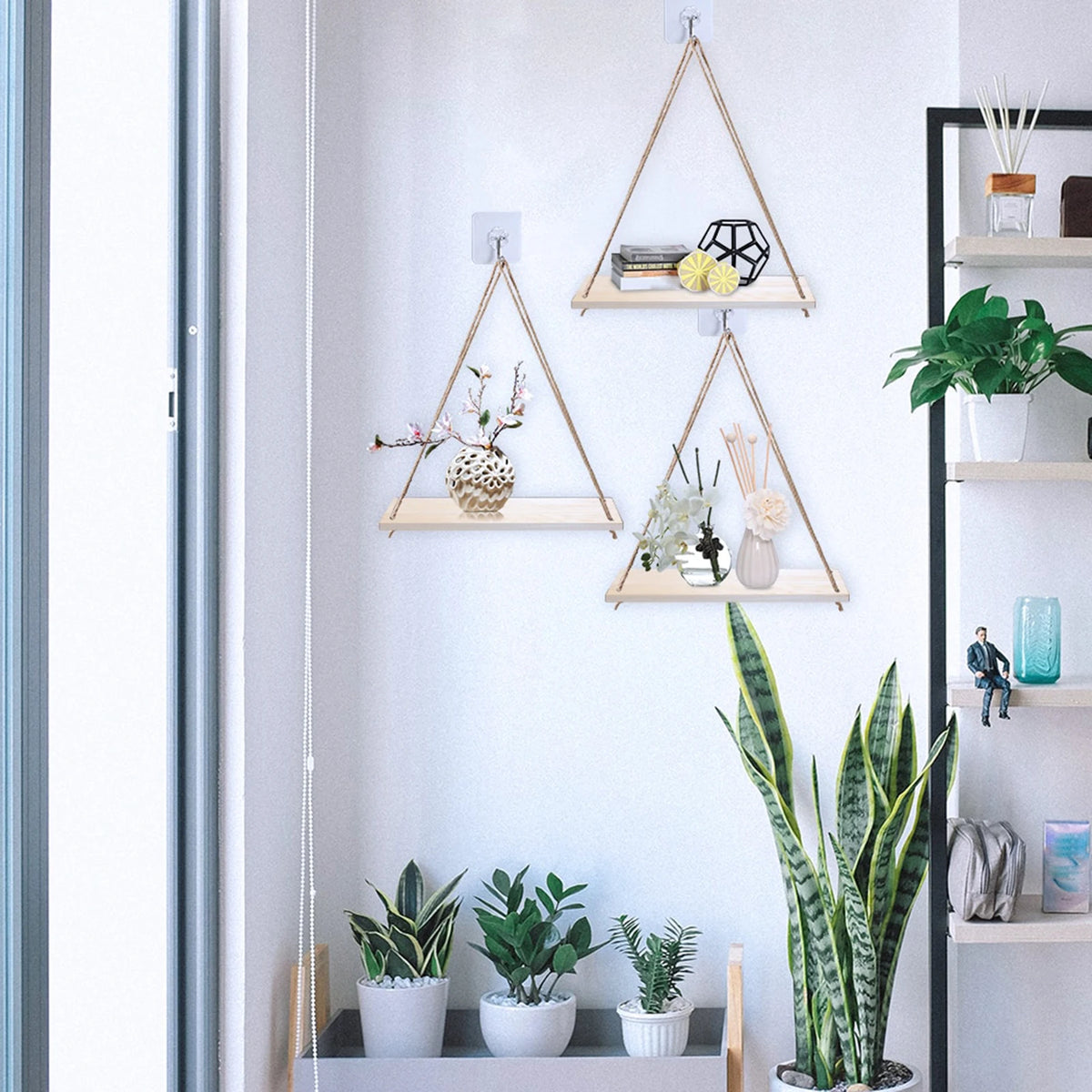 Macrame Hanging Wall Shelf – Reclaimed Wood Triangle Display for Home Decor