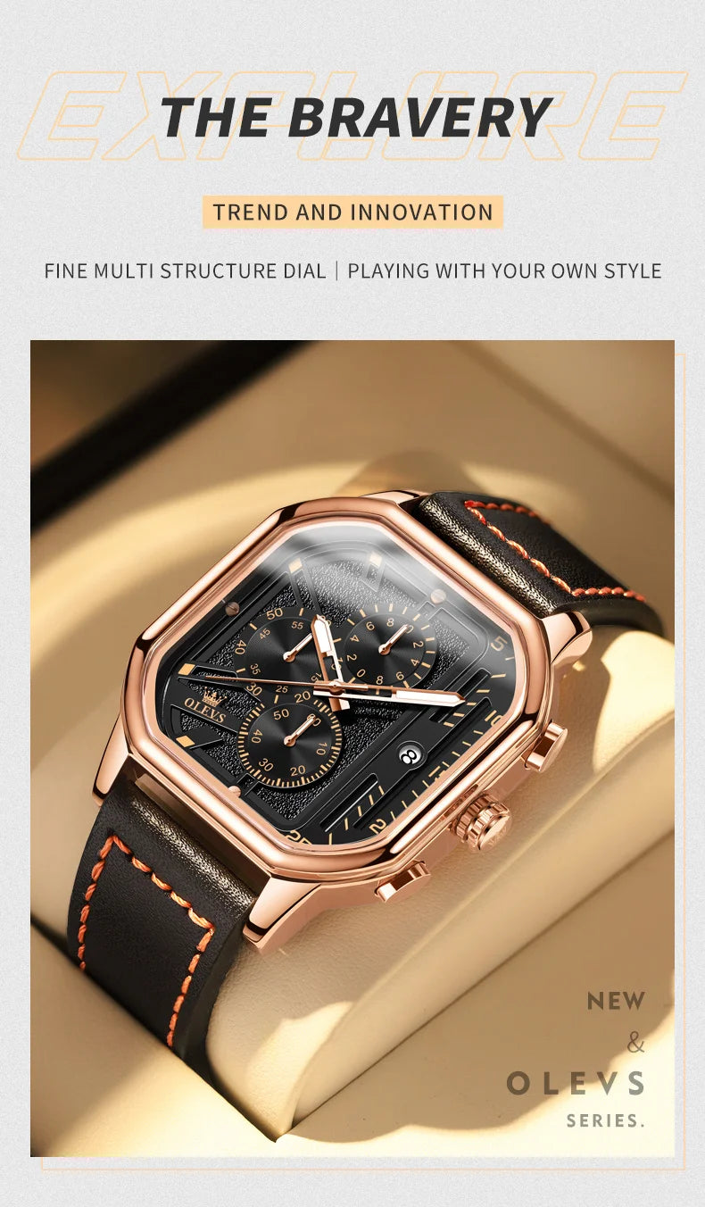 Square Leather Chronograph Watch – Waterproof Quartz Timepiece for Men
