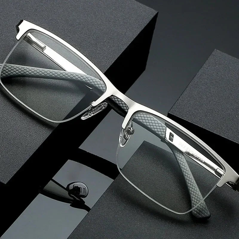 Metal Half-Frame Reading Glasses – Anti-Blue Light Eyewear for Business