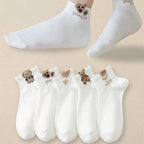Cartoon Teddy Bear Ankle Socks – Breathable Cotton Casual Footwear for Women