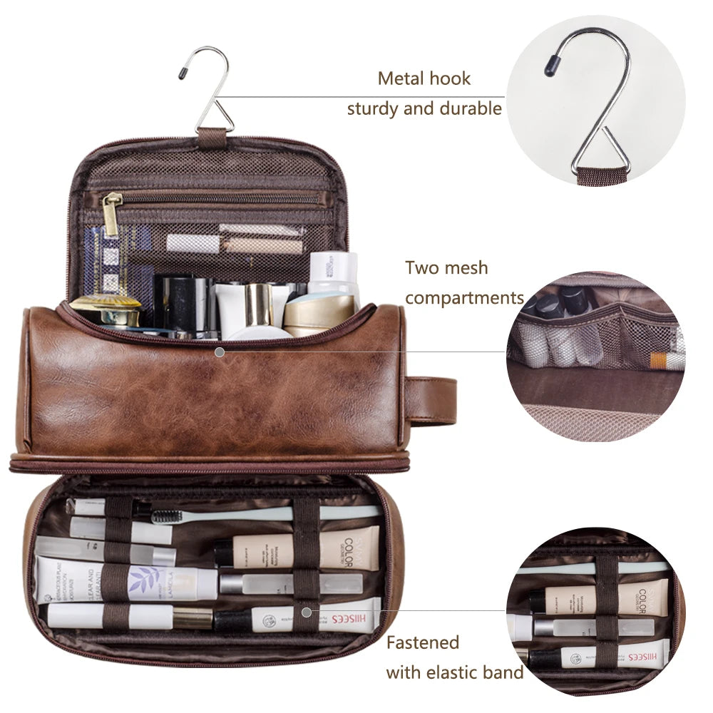 Large Hanging Leather Toiletry Bag – Cosmetic Organizer for Travel