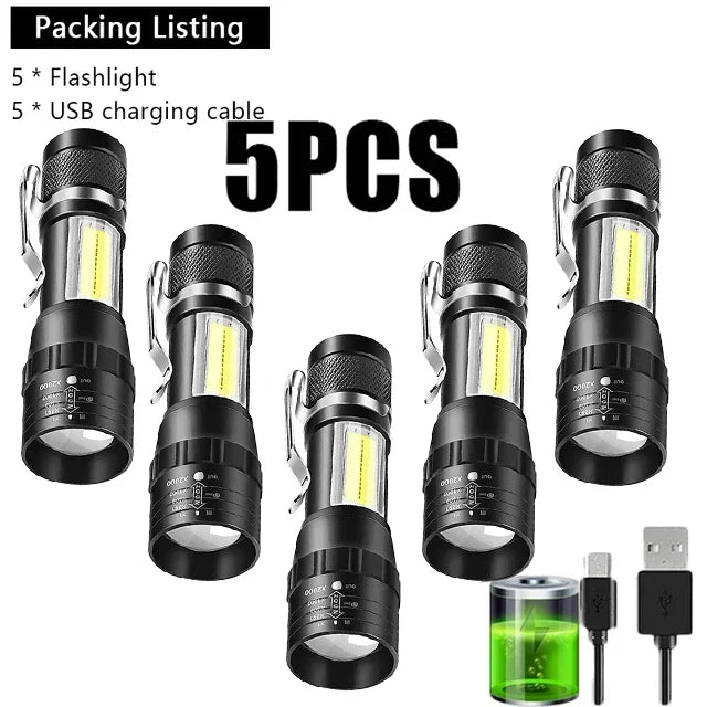 USB Rechargeable Mini Flashlight – Zoomable COB Torch for Camping and Emergency