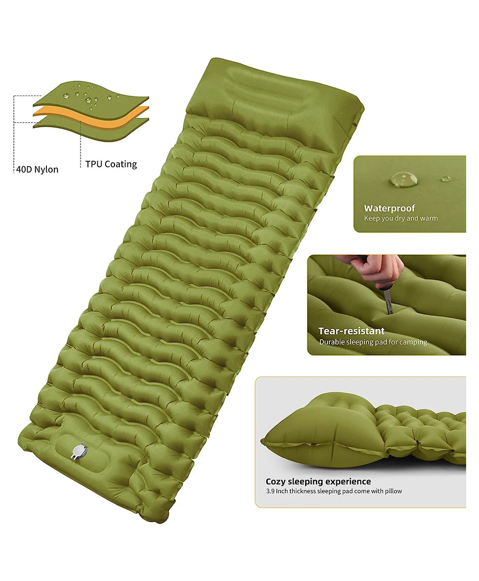 Inflatable Sleeping Pad – Built-in Pillow for Camping Hiking and Travel