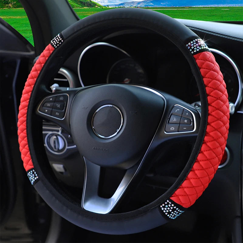 Embroidered Diamond Steering Wheel Cover – Universal Leather for Car Interior
