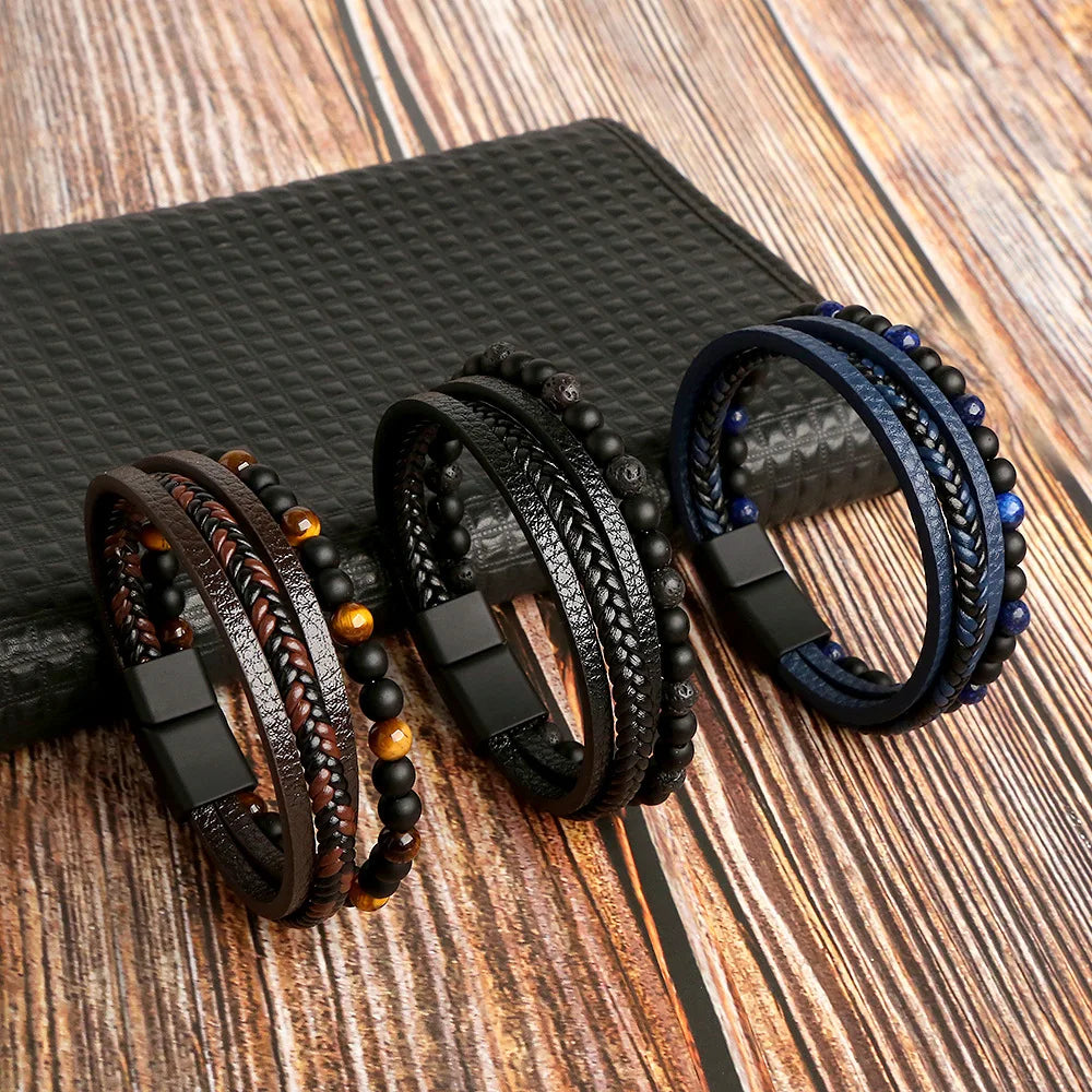 Tiger Eye Leather Bracelet – Multi-Layer Beaded Jewelry for Men