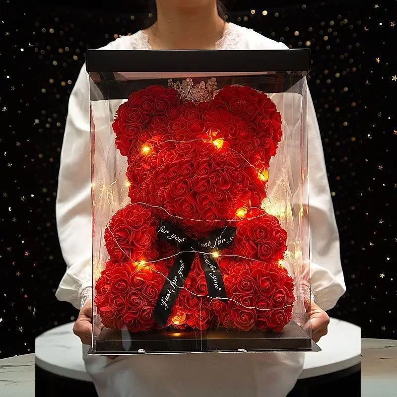 Artificial Rose Teddy Bear – 25cm Flower Gift for Valentines Anniversary