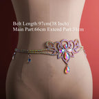Rhinestone crystal belly chain belt with dangling gems on mannequin, ideal for dance or festival outfits