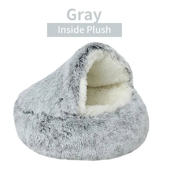 Plush Round Pet Bed – Warm 2-in-1 Cave Mattress for Small Cats and Dogs