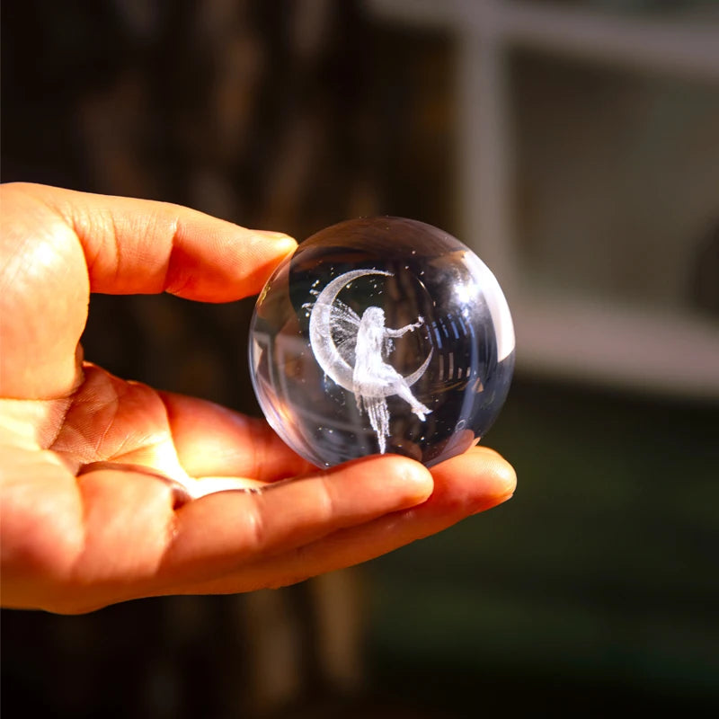 3D Laser Engraved Crystal Moon Fairy Ball – Decorative Figurine for Home