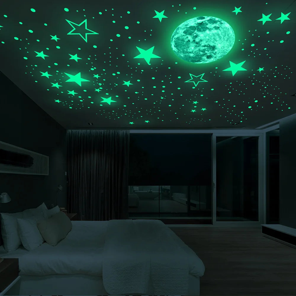 Glow in the Dark Planet Wall Decals – Luminous Moon and Stars for Kids Bedroom