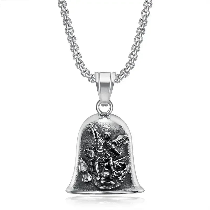Vintage Jesus Cross Bell Pendant – Religious Biker Necklace for Men