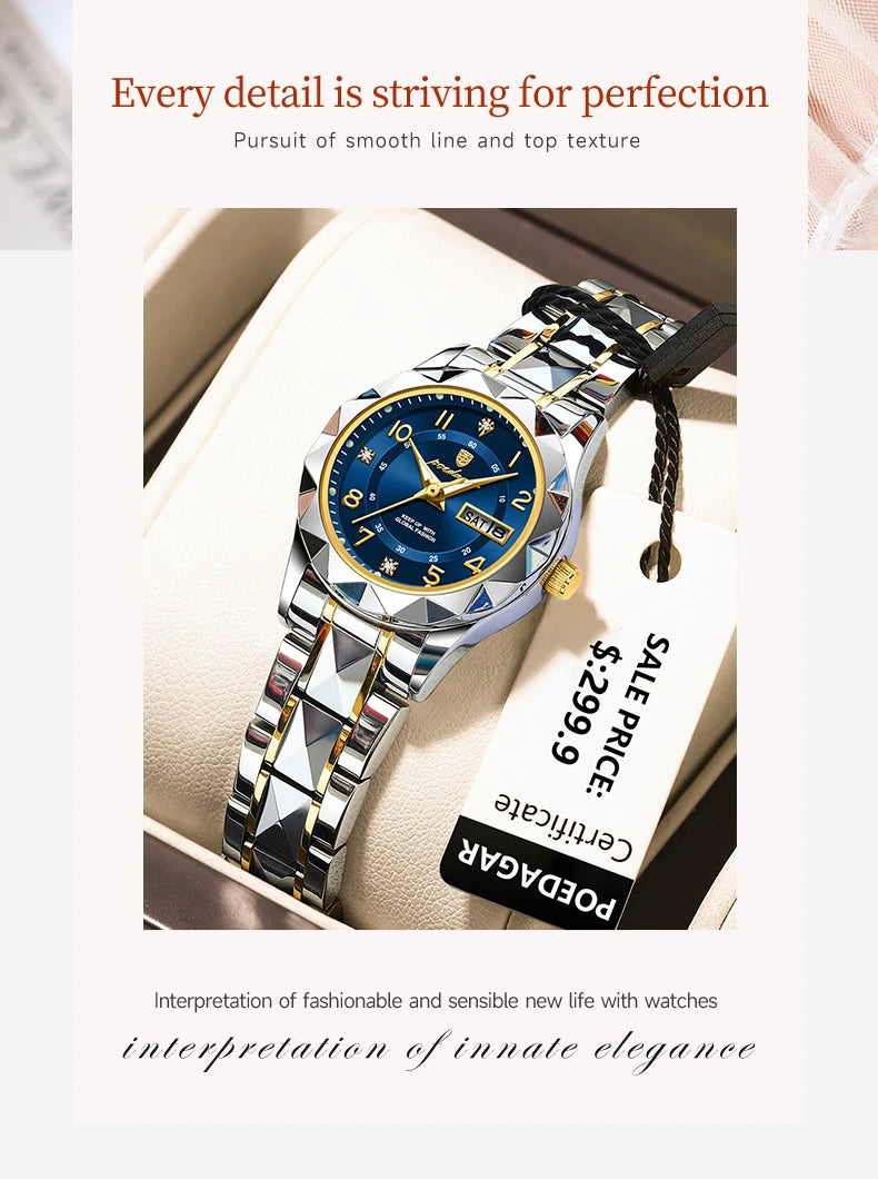 POEDAGAR Quartz Women's Watch – Stainless Steel Waterproof Date for Dress