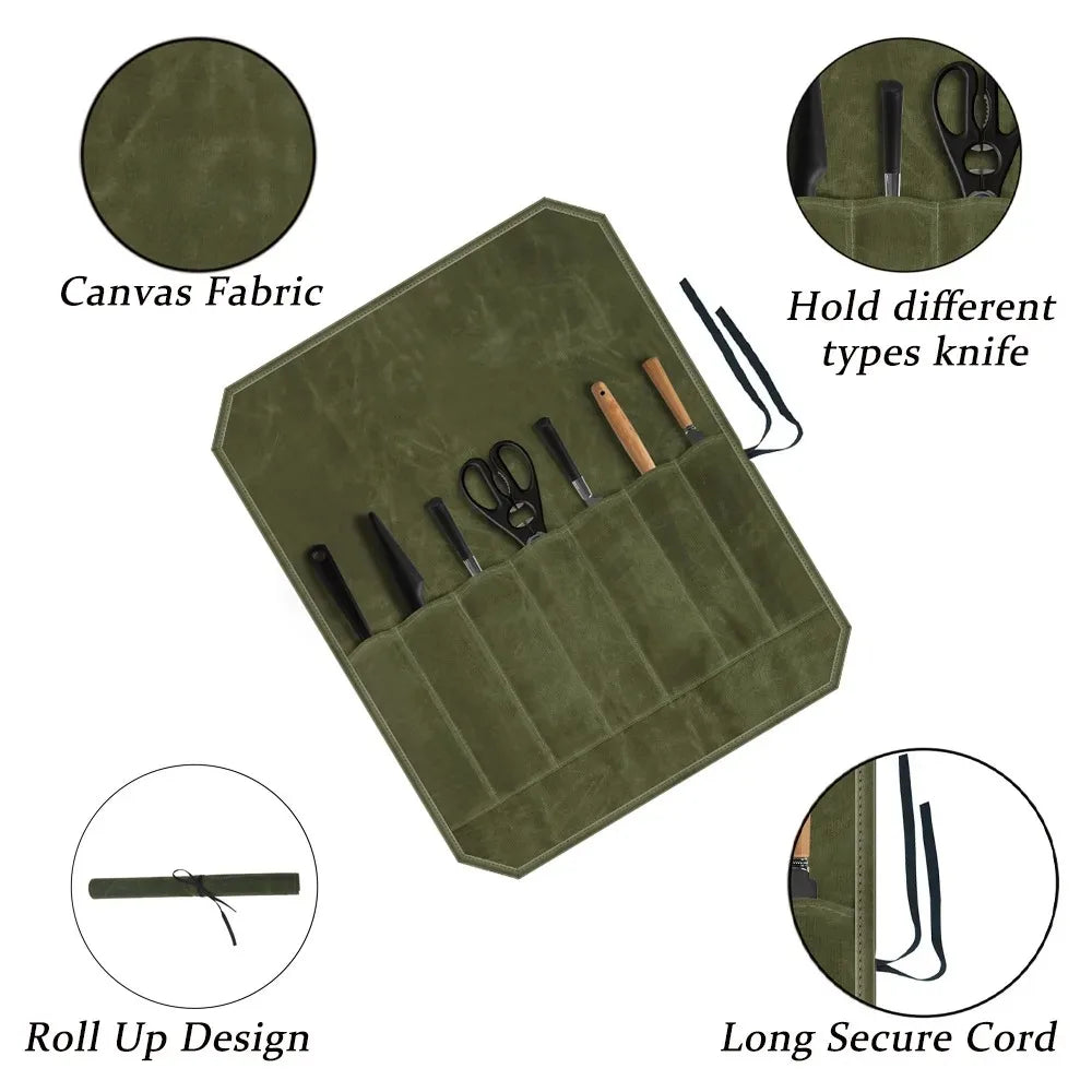 Waxed Canvas Knife Roll Bag – Portable Chef Storage for Camping and BBQ