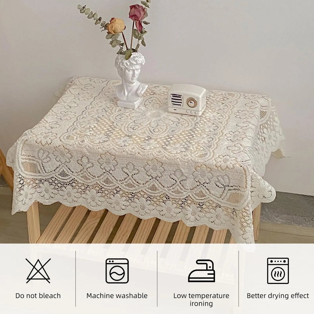 Embroidered Lace Tablecloth – Vintage White Floral Cover for Wedding Party