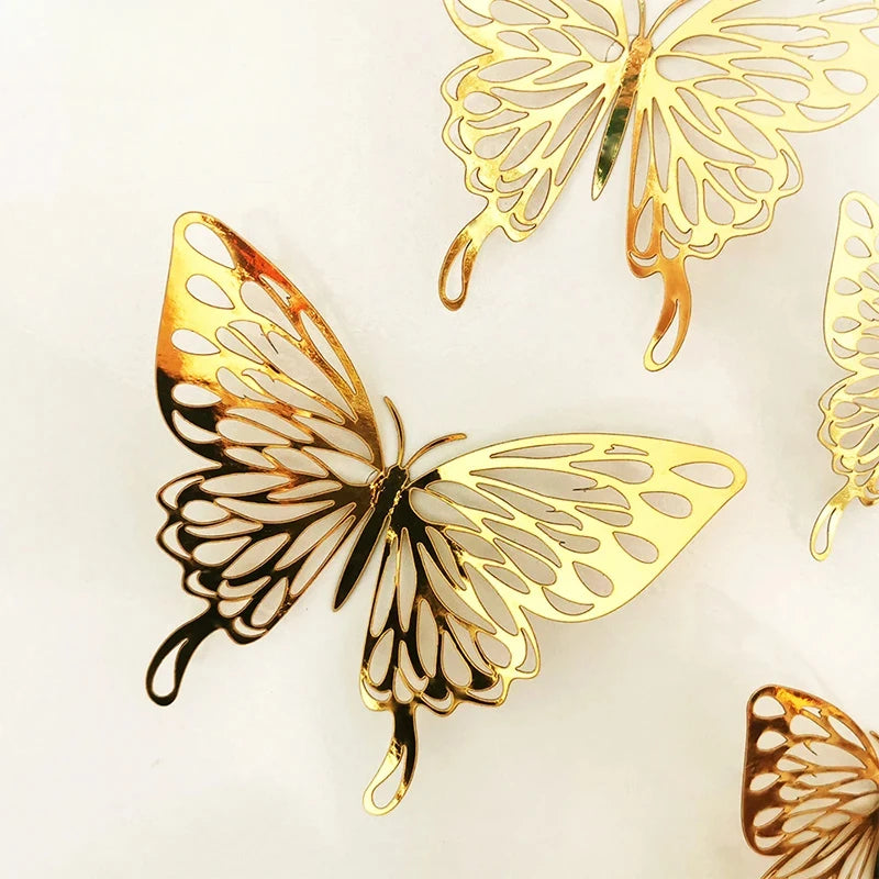 3D Hollow Butterfly Wall Decals – Metallic Gold and Silver Art for Home Decor