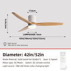 Solid Wood Ceiling Fan – 42/52 Inch LED Light for Living Room Dining