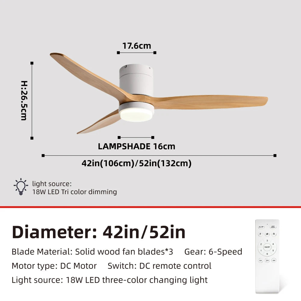 Solid Wood Ceiling Fan – 42/52 Inch LED Light for Living Room Dining