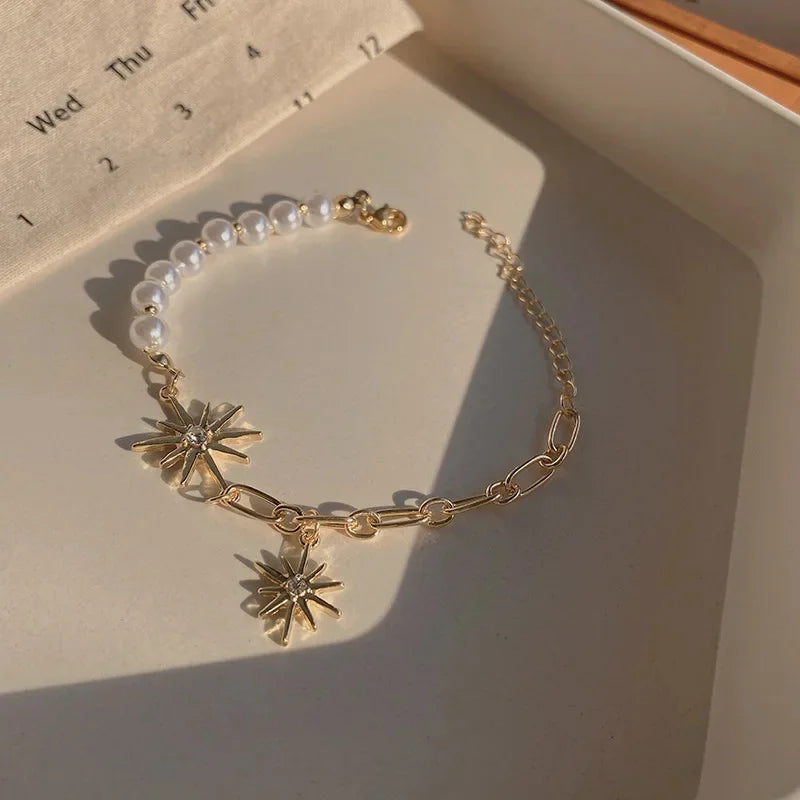Pearl Charm Link Bracelet – Hollowout Star and Fire Ball for Women Jewelry