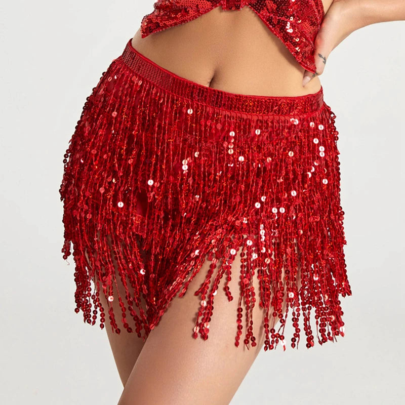 Red sequin fringe skirt for parties or dance, shimmering with beaded tassels
