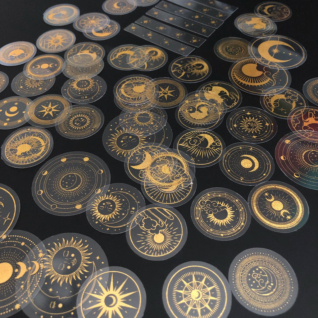 Glitter Gold PET Adhesive Stickers – Celestial Stars and Moon for Journaling