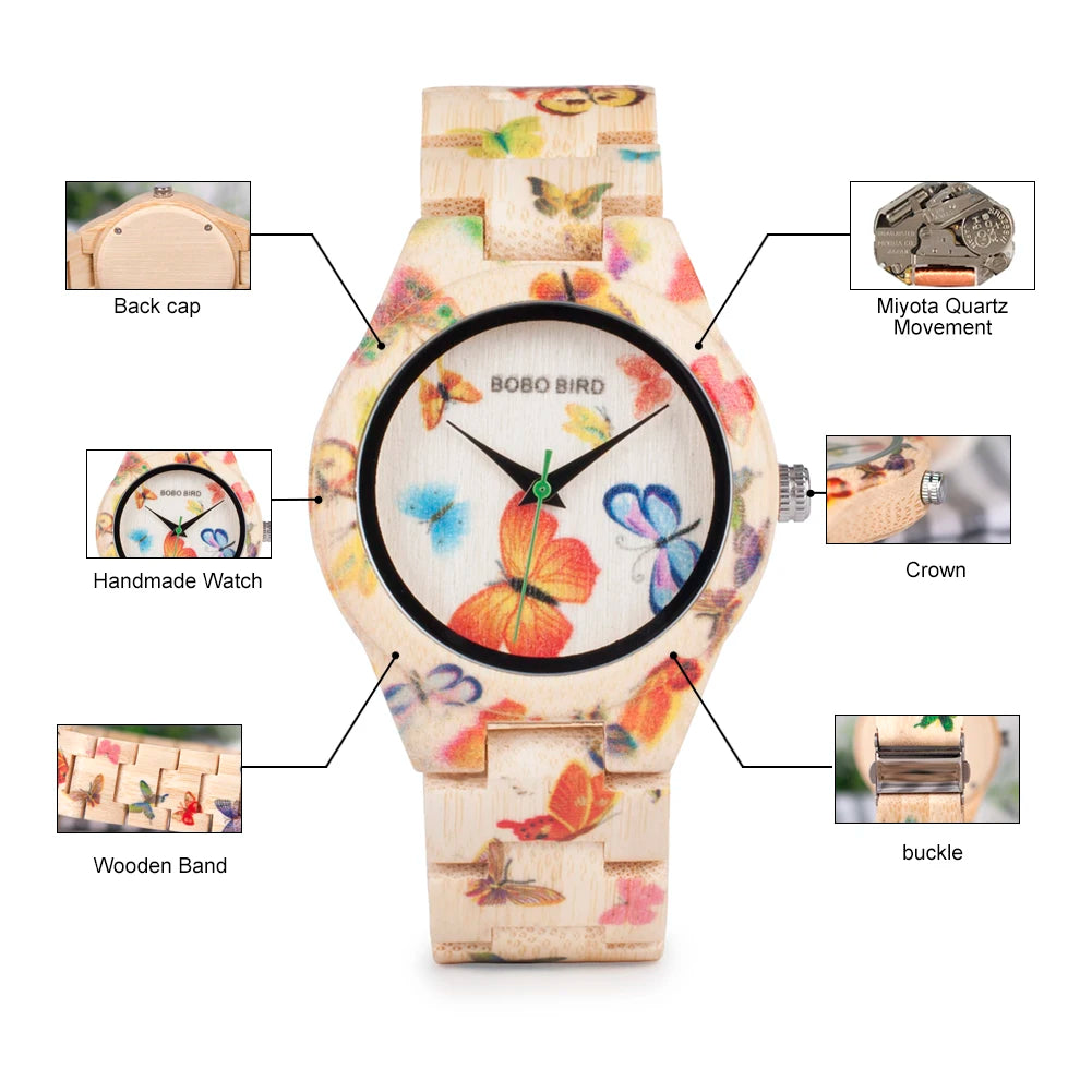 BOBO BIRD Wooden Women's Watch – Floral Engraved Handmade Quartz Wristwatch
