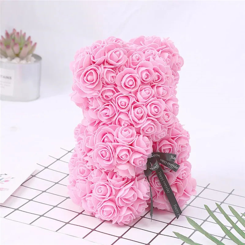 Artificial Rose Bear – 25cm Flower Figurine for Valentine Anniversary Gift
