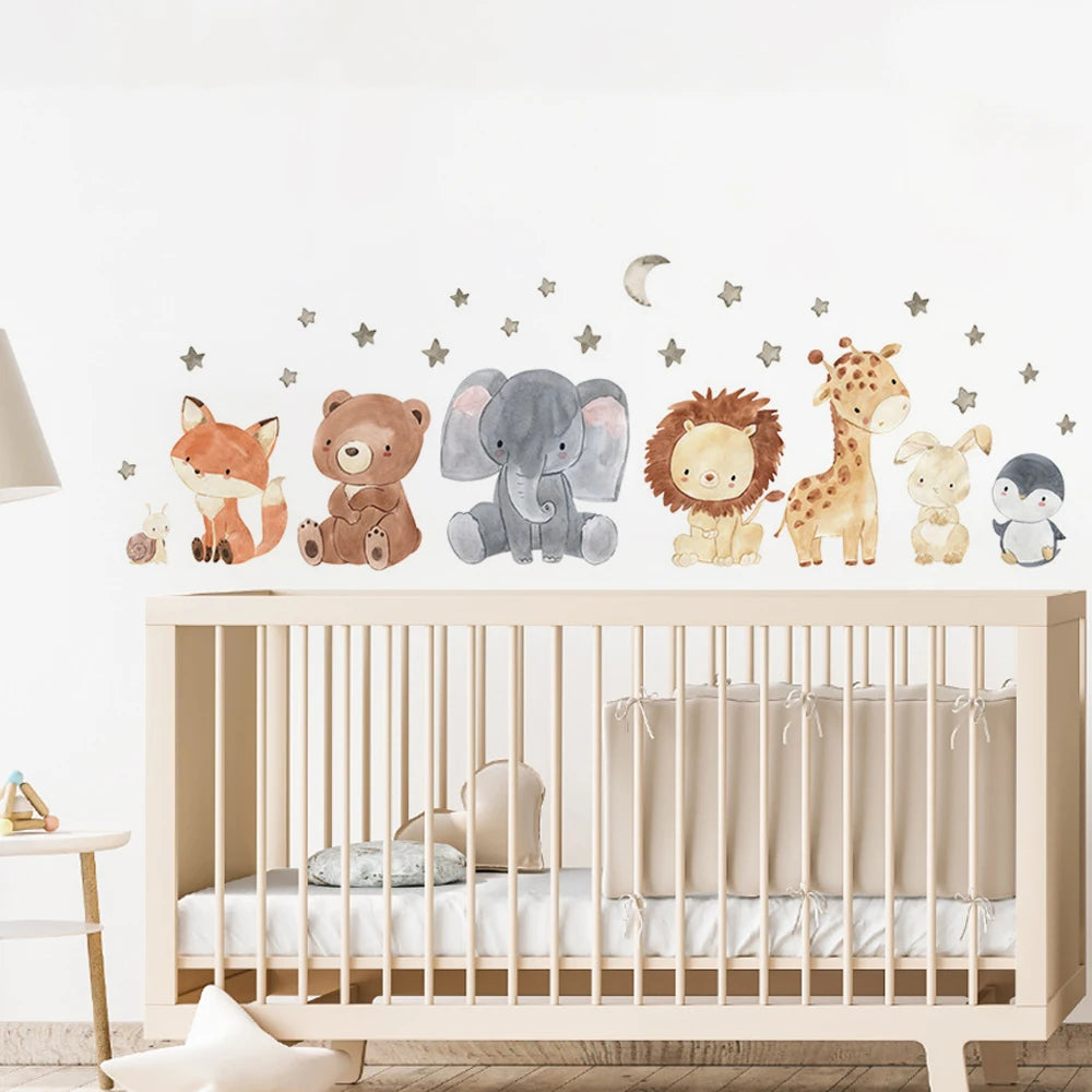 Watercolor Safari Animal Wall Decals – Cute Nursery Decor for Kids Rooms