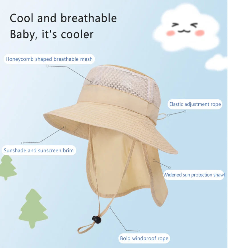 Kids Sunshade Fishing Hat – Breathable Wide Brim Shawl for Outdoor Summer