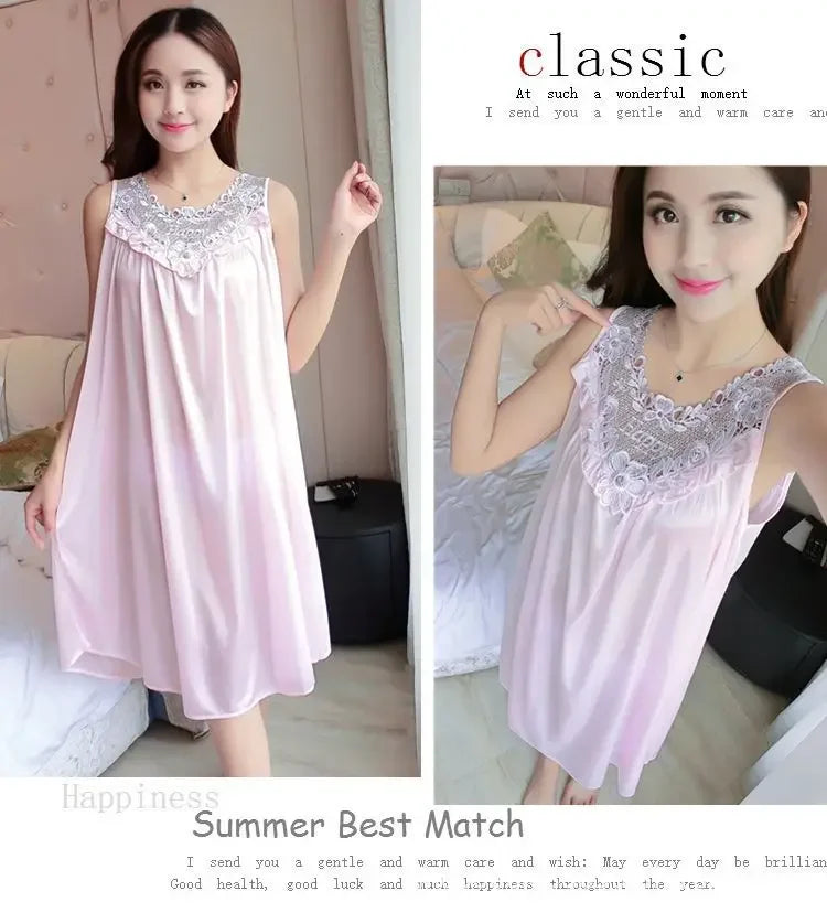 Ice Silk Sleep Dress – Plus Size Women's Tank Nightgown for Summer Housewear
