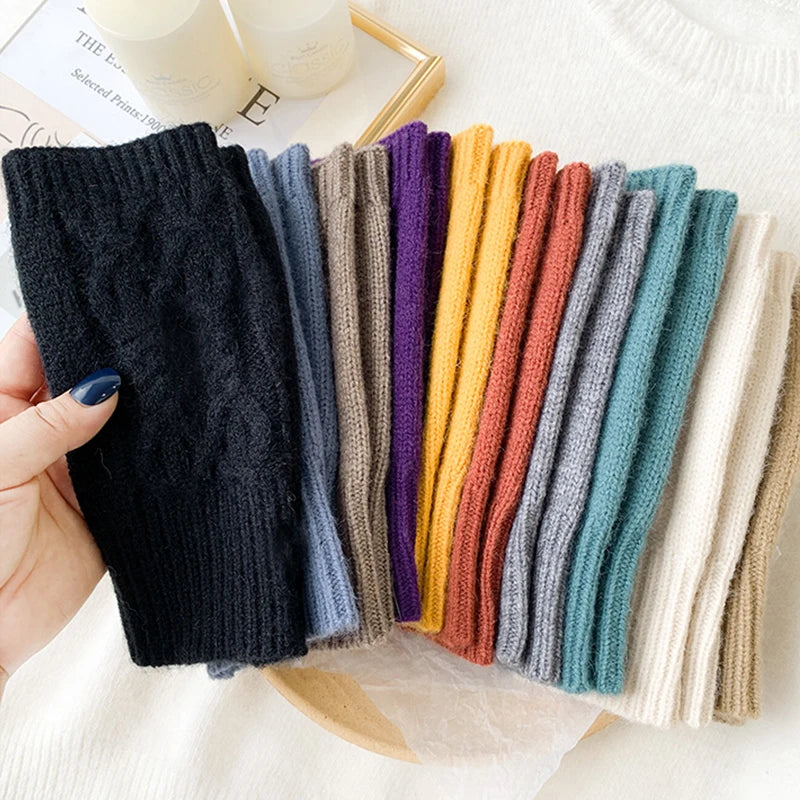 Soft Wool Half Finger Gloves – Warm Knit Arm Mittens for Winter Outdoor