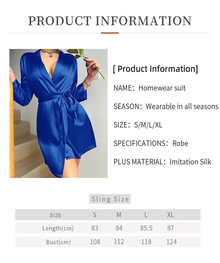 Satin Long Sleeve V-Neck Robe – Women's Silk-Feel Sleepwear Loungewear