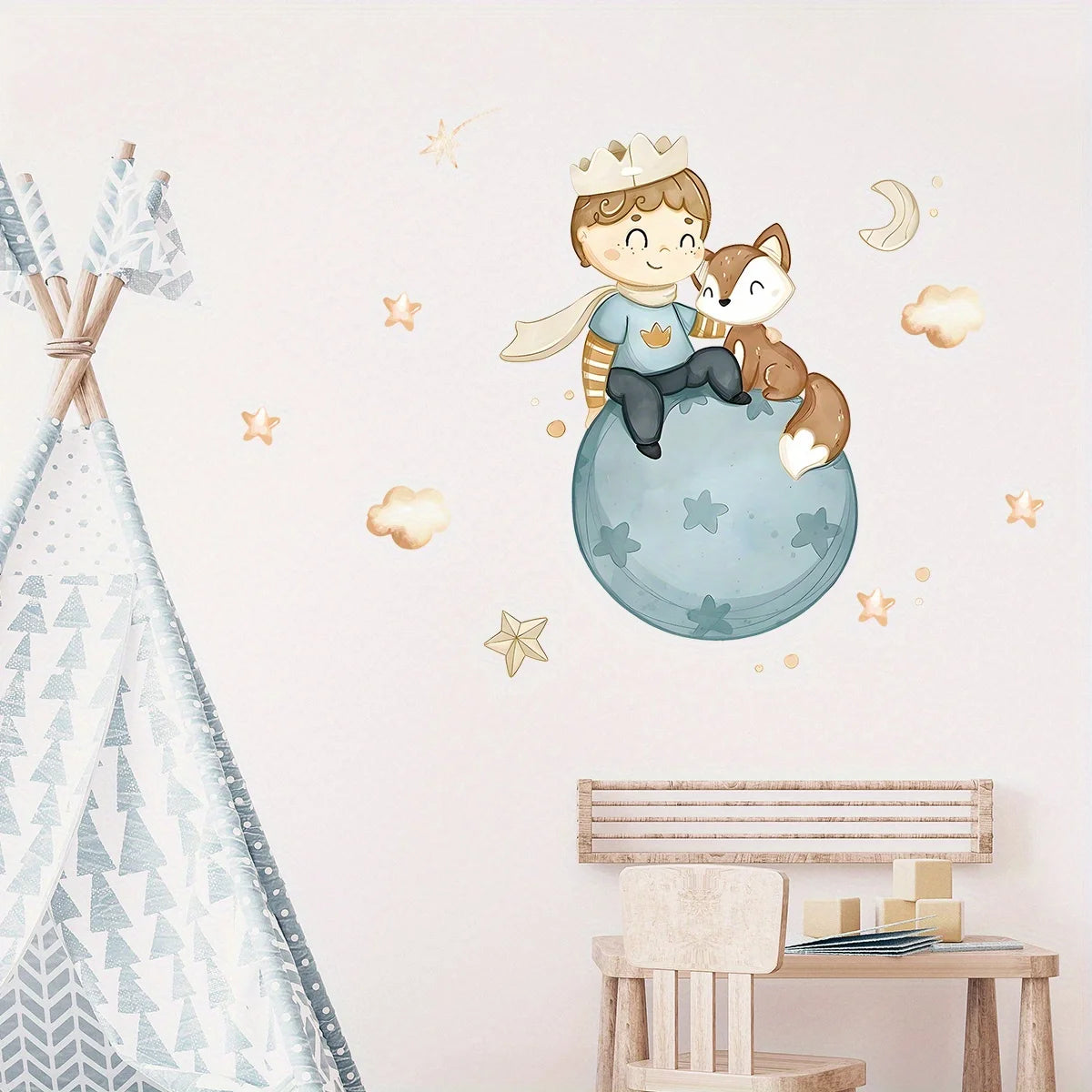 Cute Prince Fox Wall Decals – Cartoon Balloon Star Decor for Nursery Bedroom