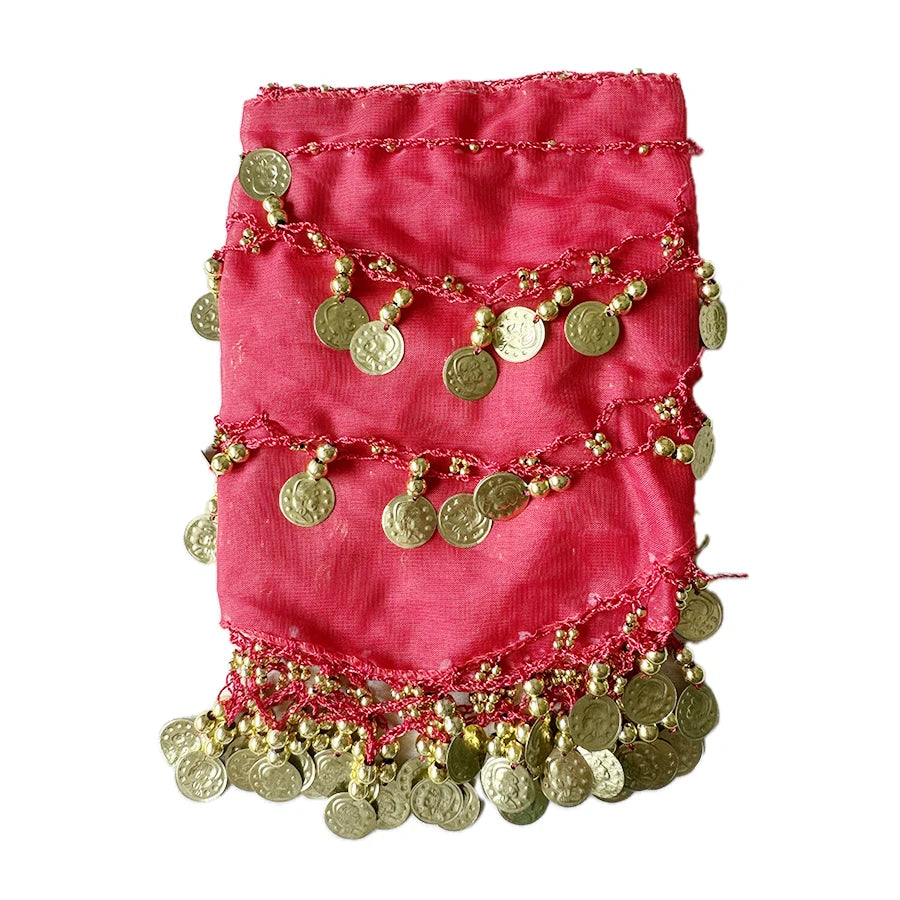 Pink fabric pouch adorned with gold coins and decorative beads