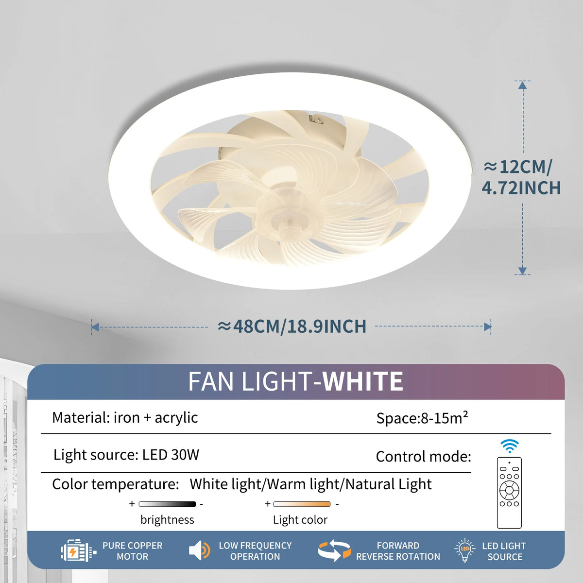 Rotating LED Ceiling Fan – 20 Inch Flush Mount Light for Modern Bedroom