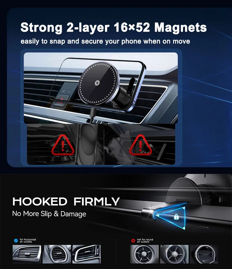 Magnetic Wireless Car Charger – 15W Air Vent Mount for iPhone 16 15 14 13