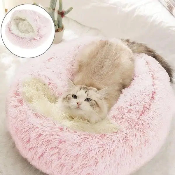 Plush Round Pet Bed – Warm 2-in-1 Cave Mattress for Small Cats and Dogs