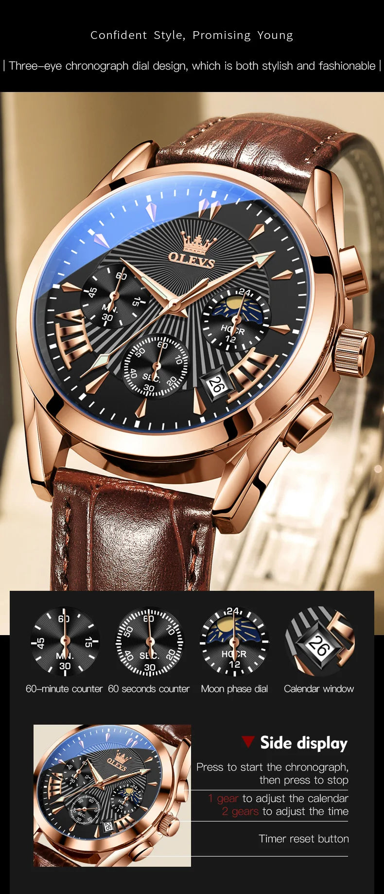 OLEVS Quartz Men's Watch – Luxury Waterproof Leather Wristwatch for Business