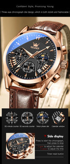 OLEVS Quartz Men's Watch – Luxury Waterproof Leather Wristwatch for Business