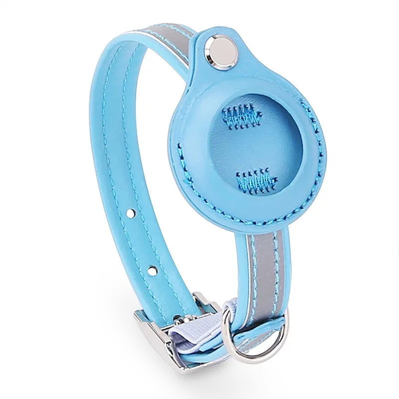 Adjustable Leather Airtag Collar – Reflective GPS Tracker for Pets